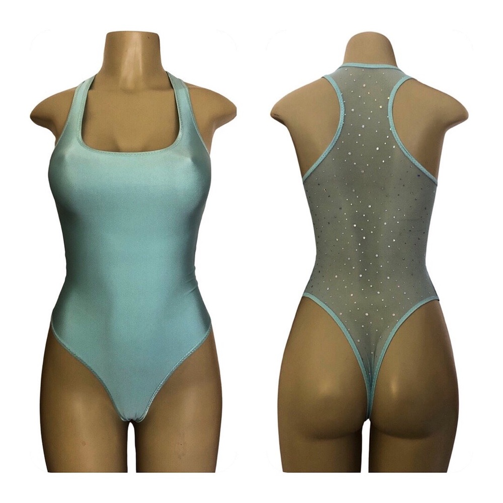 Sexy one piece bodysuit With a racer back thong mesh sparkly backside.